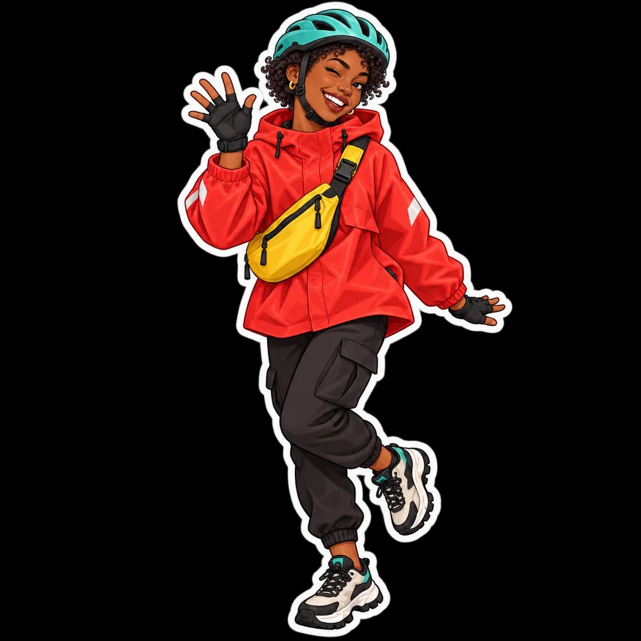 Prepared greeting sticker that keeps Nia’s red raincoat, helmet and yellow bag.