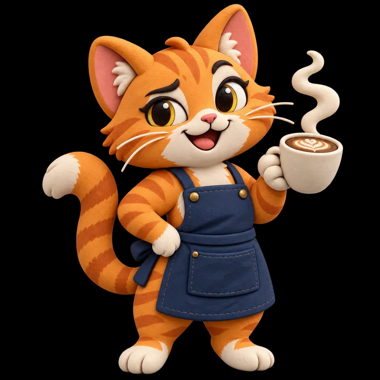 Soft clay prepared treatment of the same orange tabby barista holding coffee.