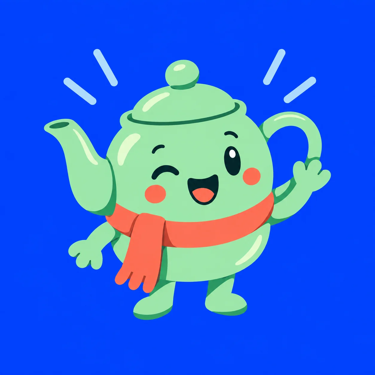 Mint teapot illustration on a solid blue square before its background is removed.