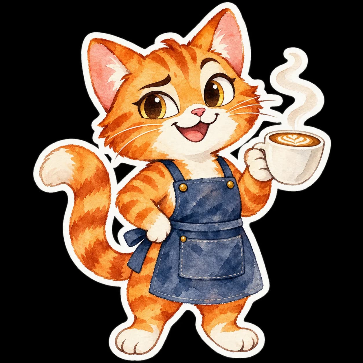 Watercolor prepared treatment of the same orange tabby barista holding coffee.