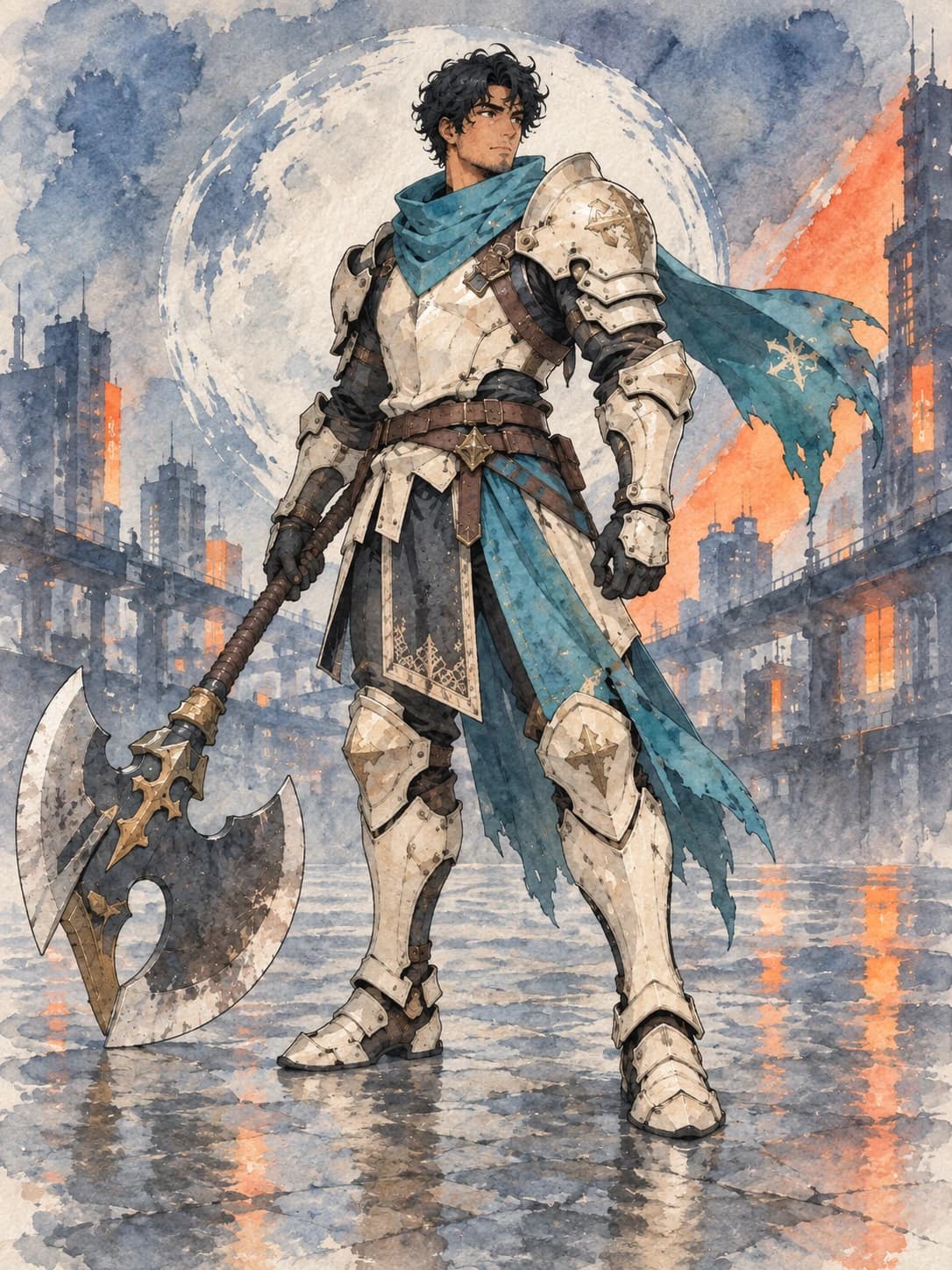 Watercolor prepared illustration of the same adult axe knight with cream plate armor and a broad axe.