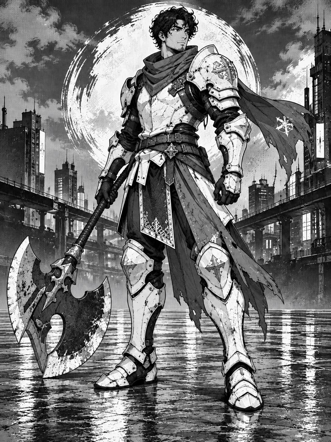 Ink prepared illustration of the same adult axe knight with cream plate armor and a broad axe.