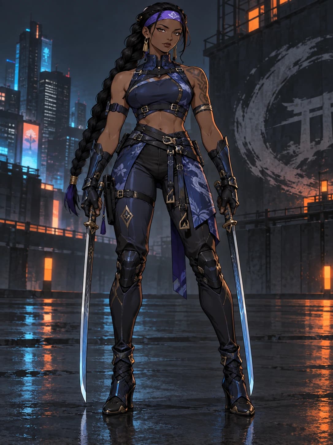 An adult blade dancer in blue combat leathers with paired blades.
