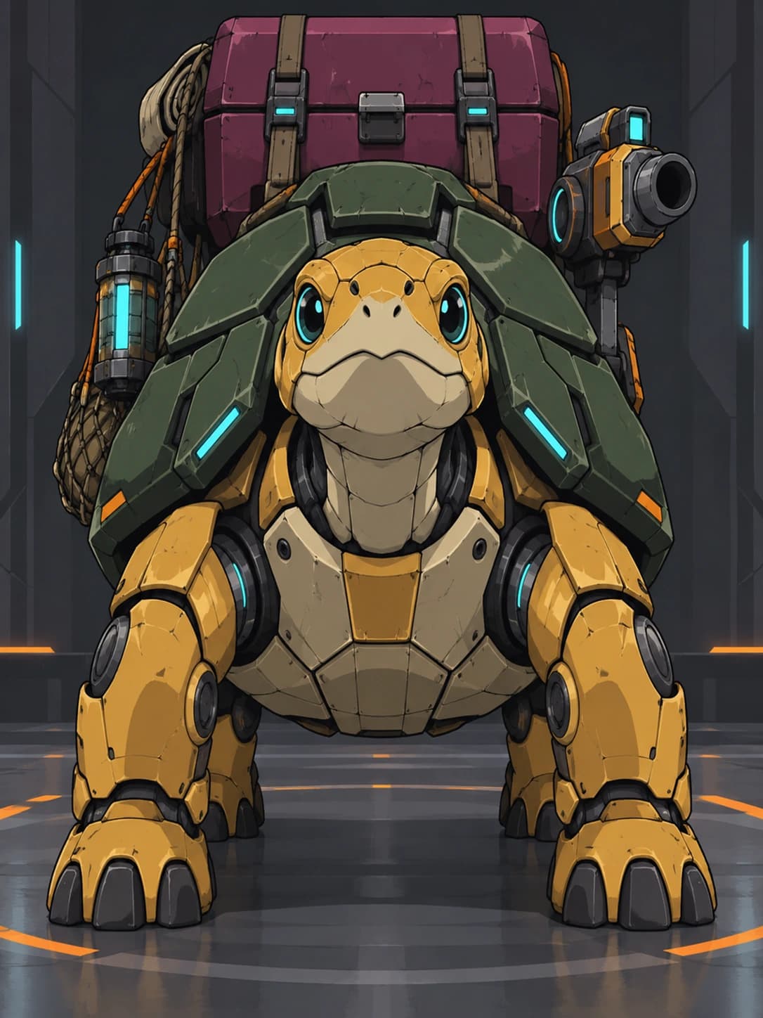 Front identity detail of the same ochre turtle courier mech with shell armor and a shoulder cannon.