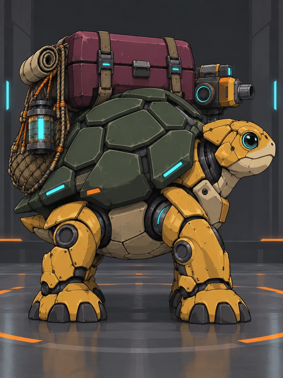 Side identity detail of the same ochre turtle courier mech with shell armor and a shoulder cannon.