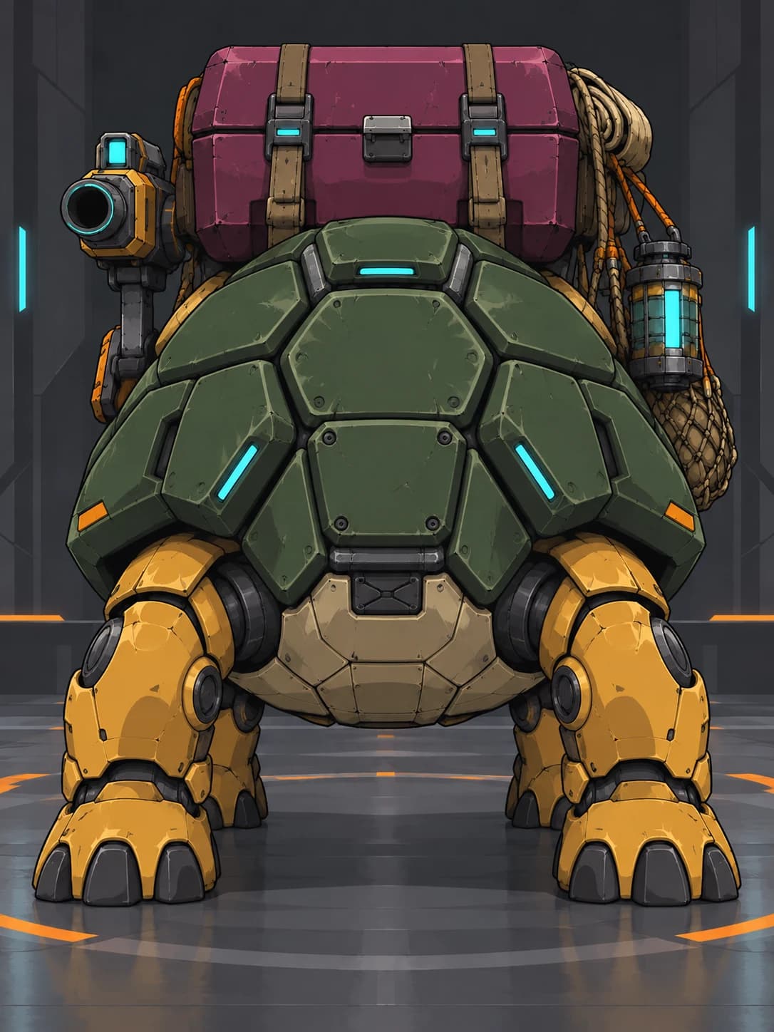 Back identity detail of the same ochre turtle courier mech with shell armor and a shoulder cannon.
