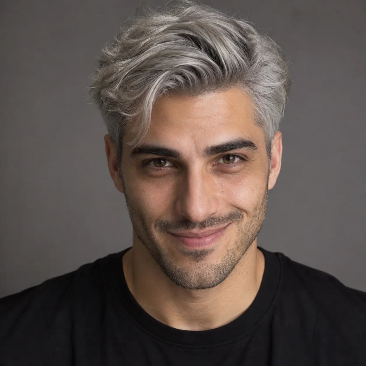 Prepared synthetic source portrait of an adult silver-haired space mechanic.