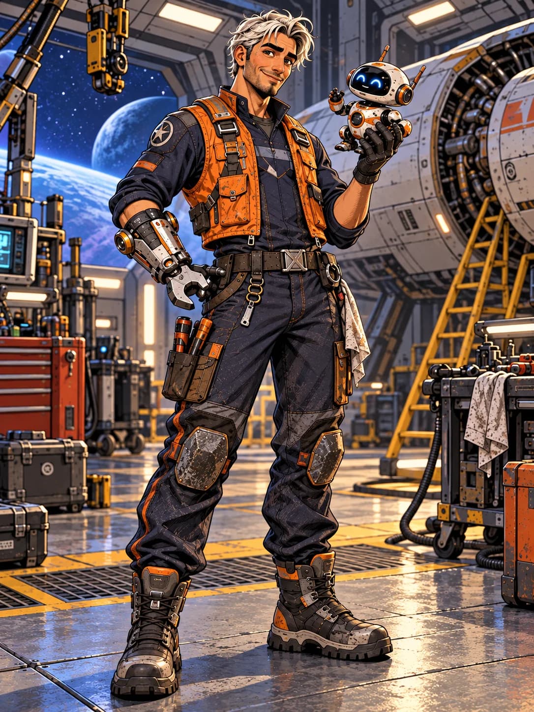 Graphic ink prepared treatment of the same adult silver-haired space mechanic.