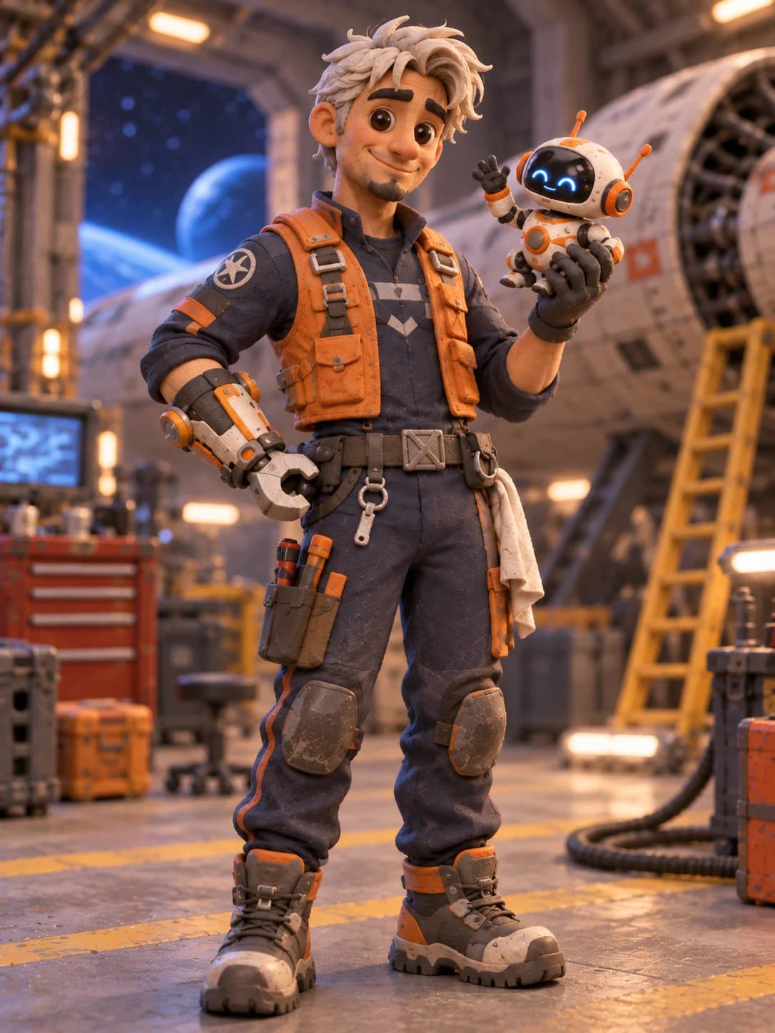 Clay 3D prepared treatment of the same adult silver-haired space mechanic.