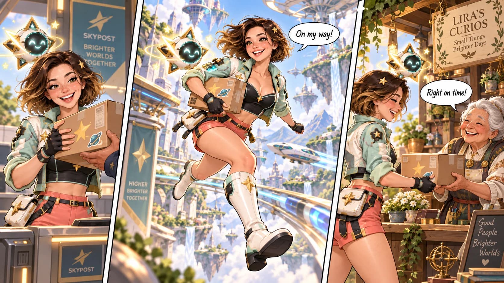 Comic page · One delivery, three beats