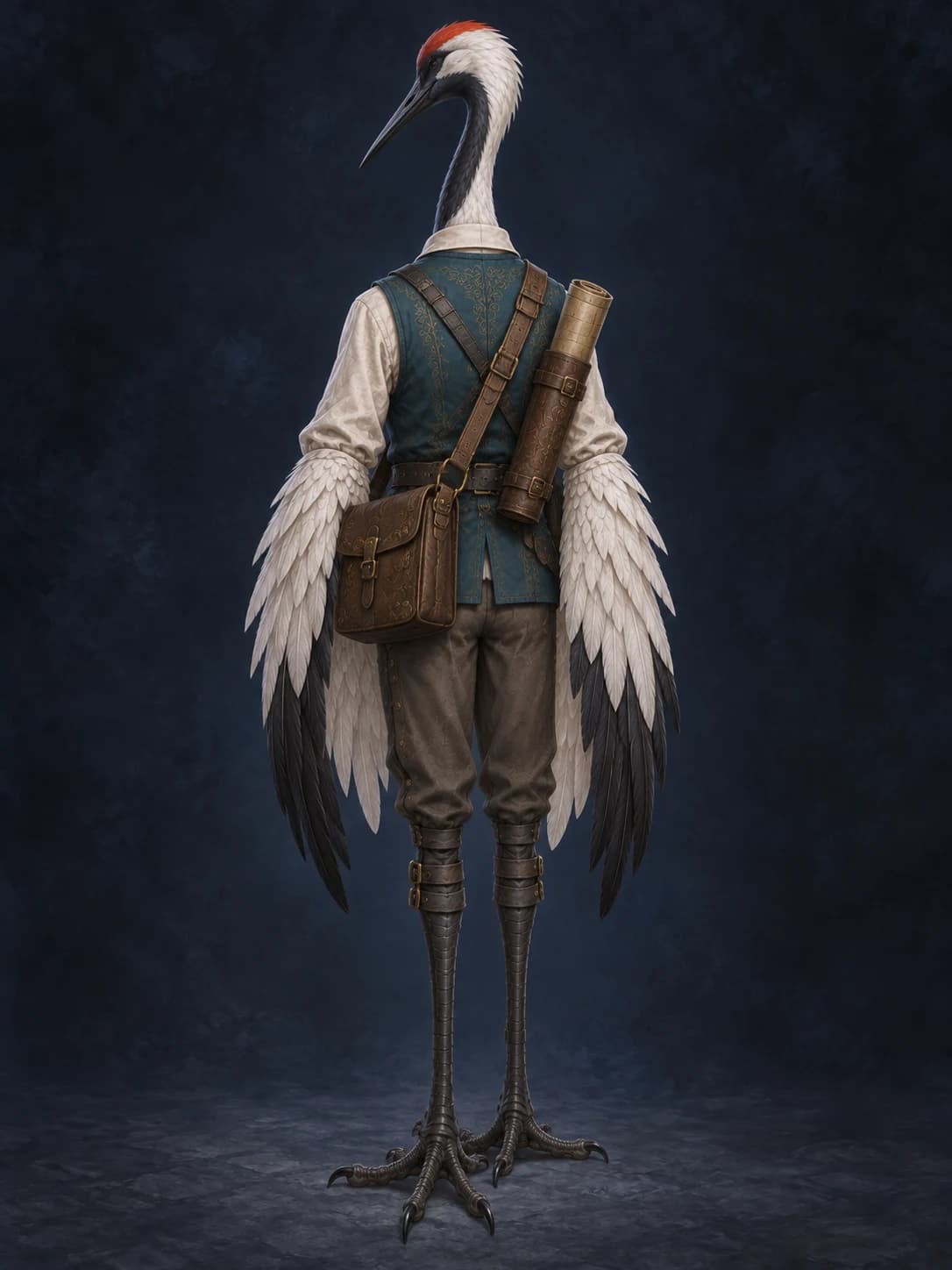 Back identity detail of the same white crane explorer.