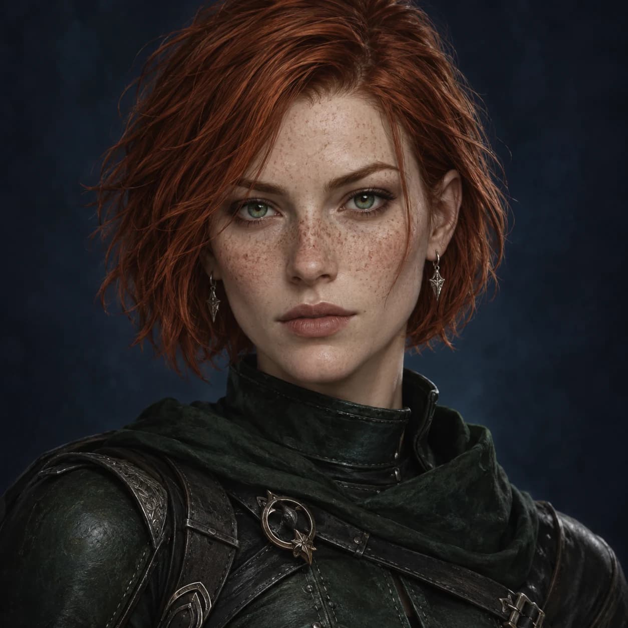 Neutral expression of the same adult red-haired female rogue.