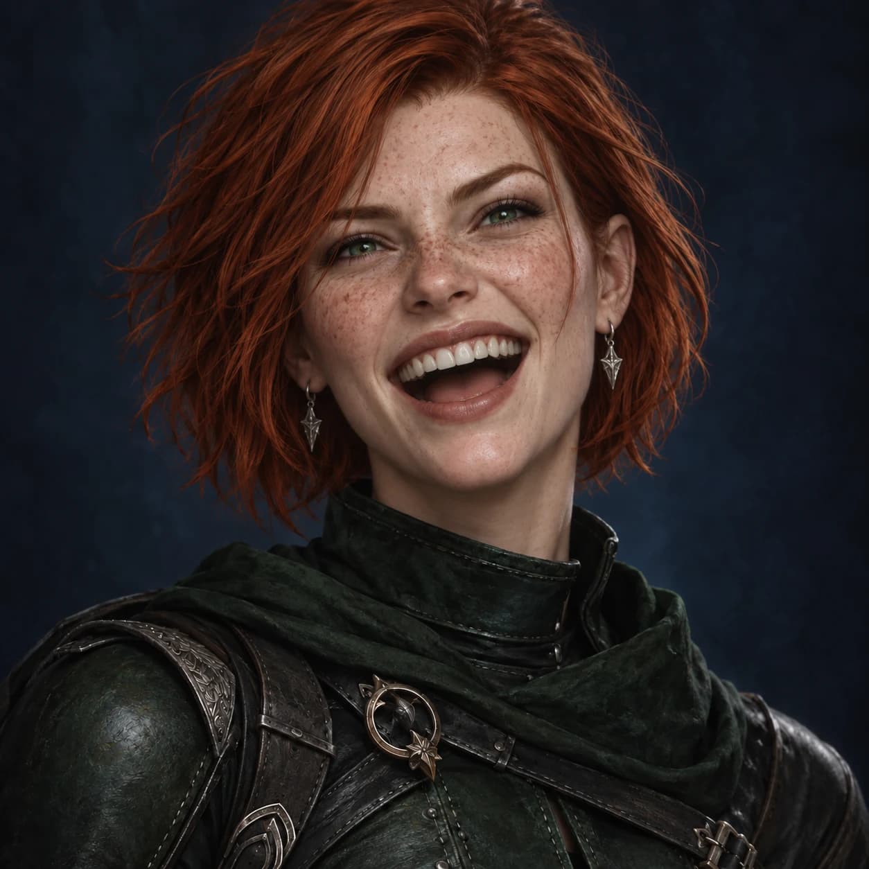 Delighted expression of the same adult red-haired female rogue.