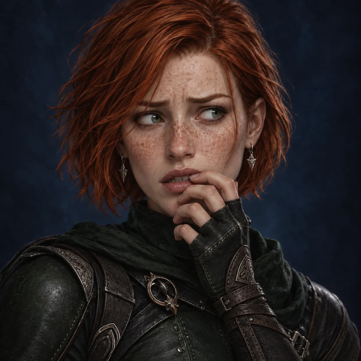 Concerned expression of the same adult red-haired female rogue.