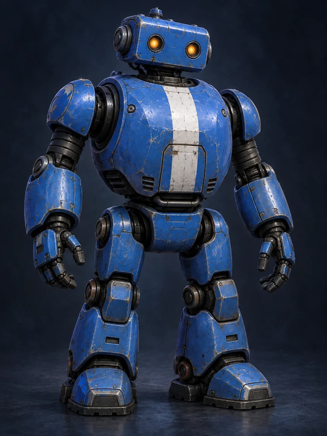 Standing identity detail of the same stocky cobalt robot.