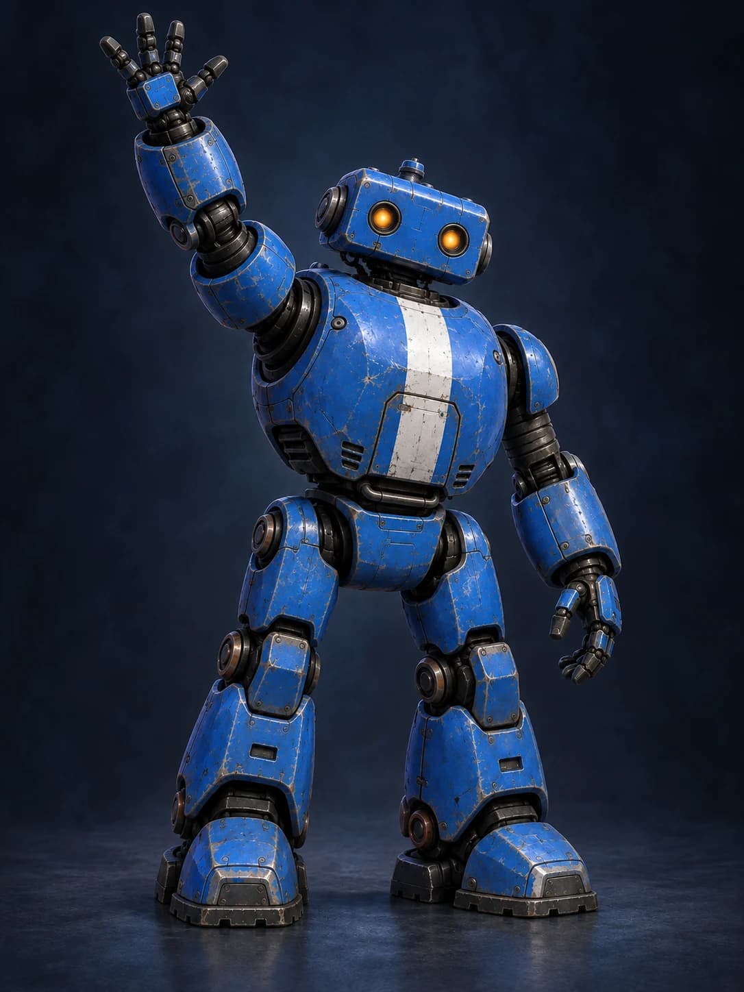 Reaching identity detail of the same stocky cobalt robot.