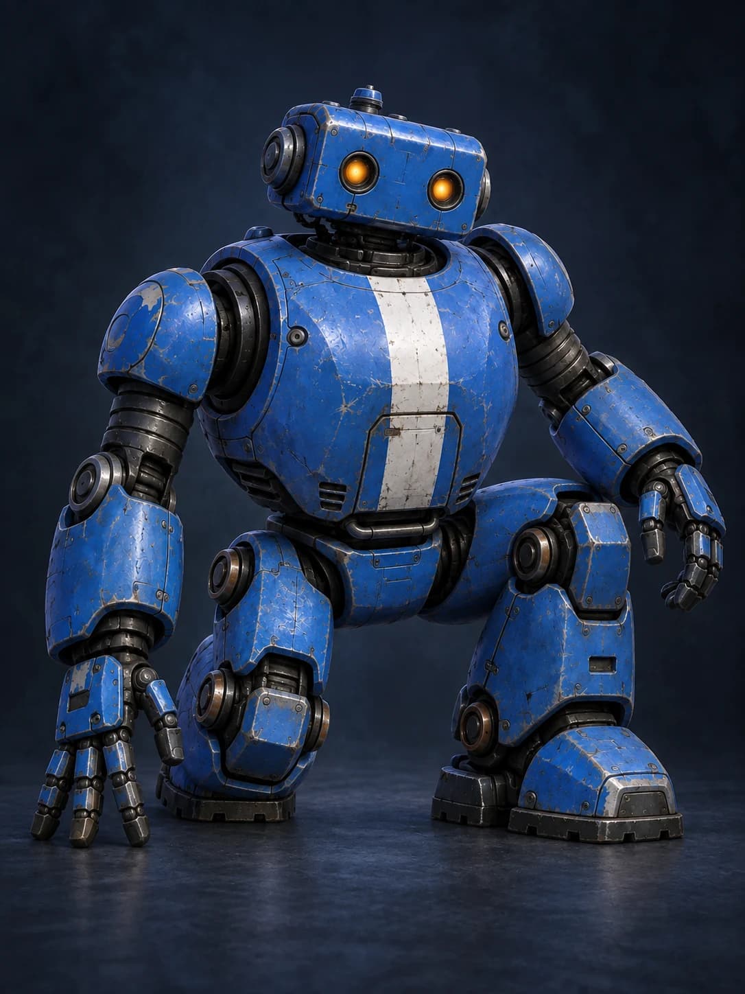 Crouching identity detail of the same stocky cobalt robot.
