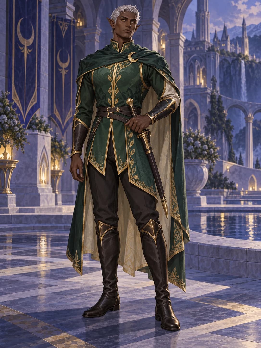 A dark-skinned, silver-haired male elf knight in his original outfit.