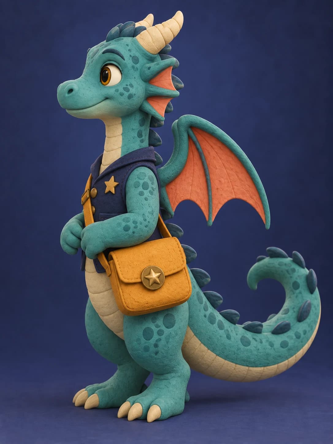 Side identity detail of the same teal dragon mail carrier.