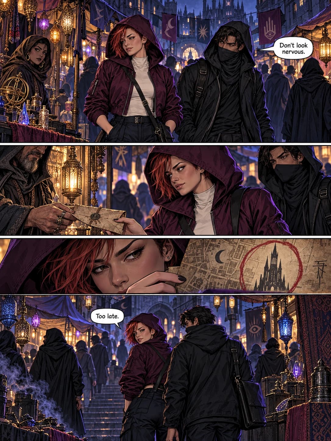 Page 08 · The disguise · Disappear into the night market