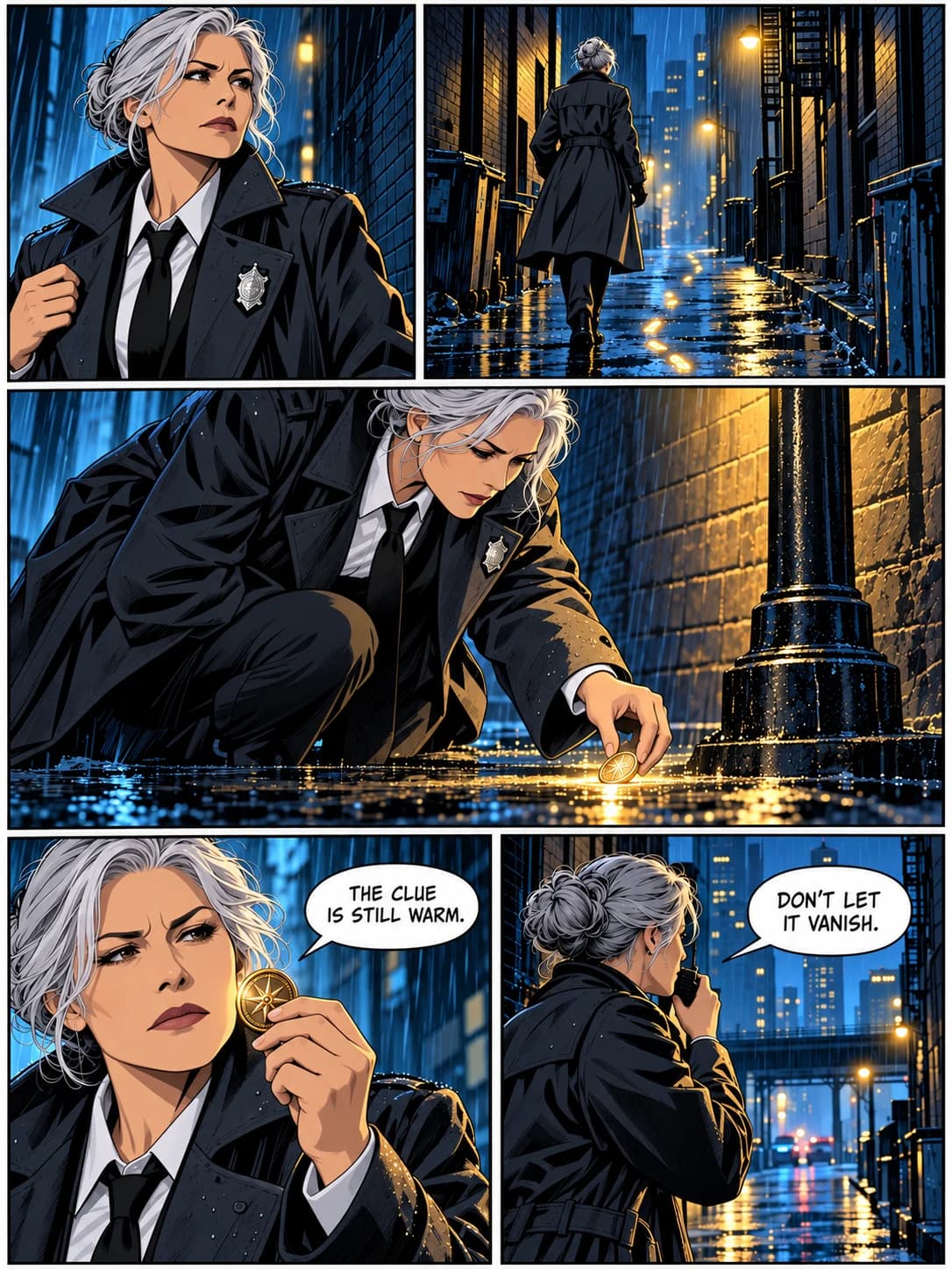 Cel manga treatment of the same silver-haired detective comic page.