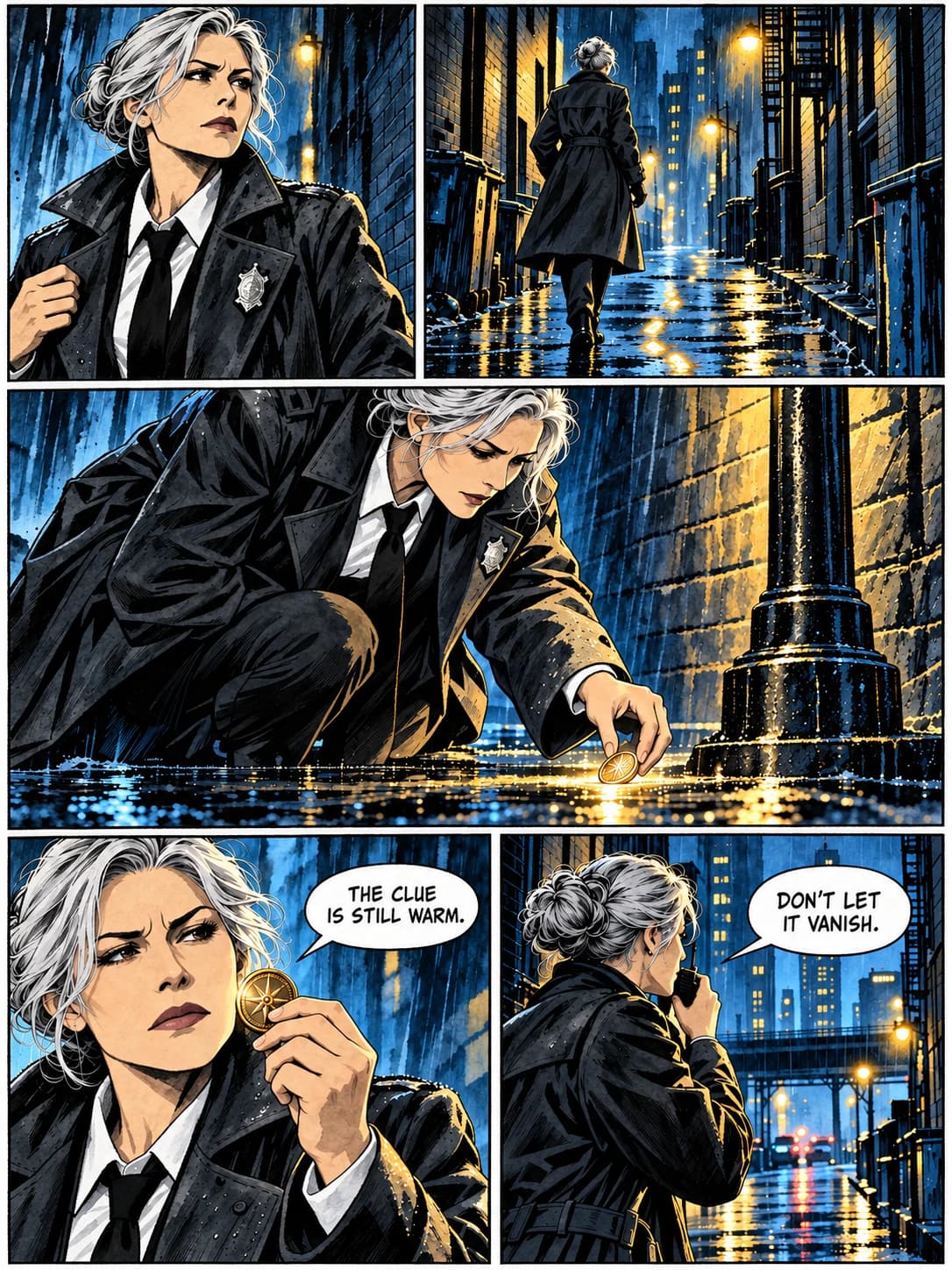 Ink wash treatment of the same silver-haired detective comic page.