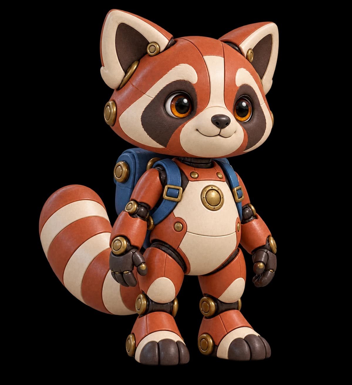 Three-quarter identity detail of the same robot red panda.