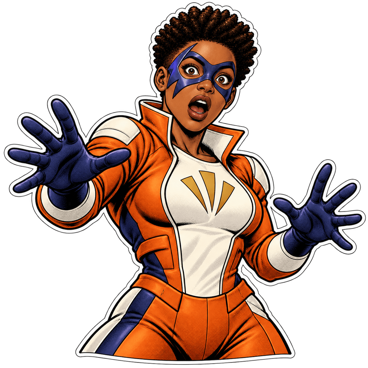 Surprised pose of the same masked comic hero.