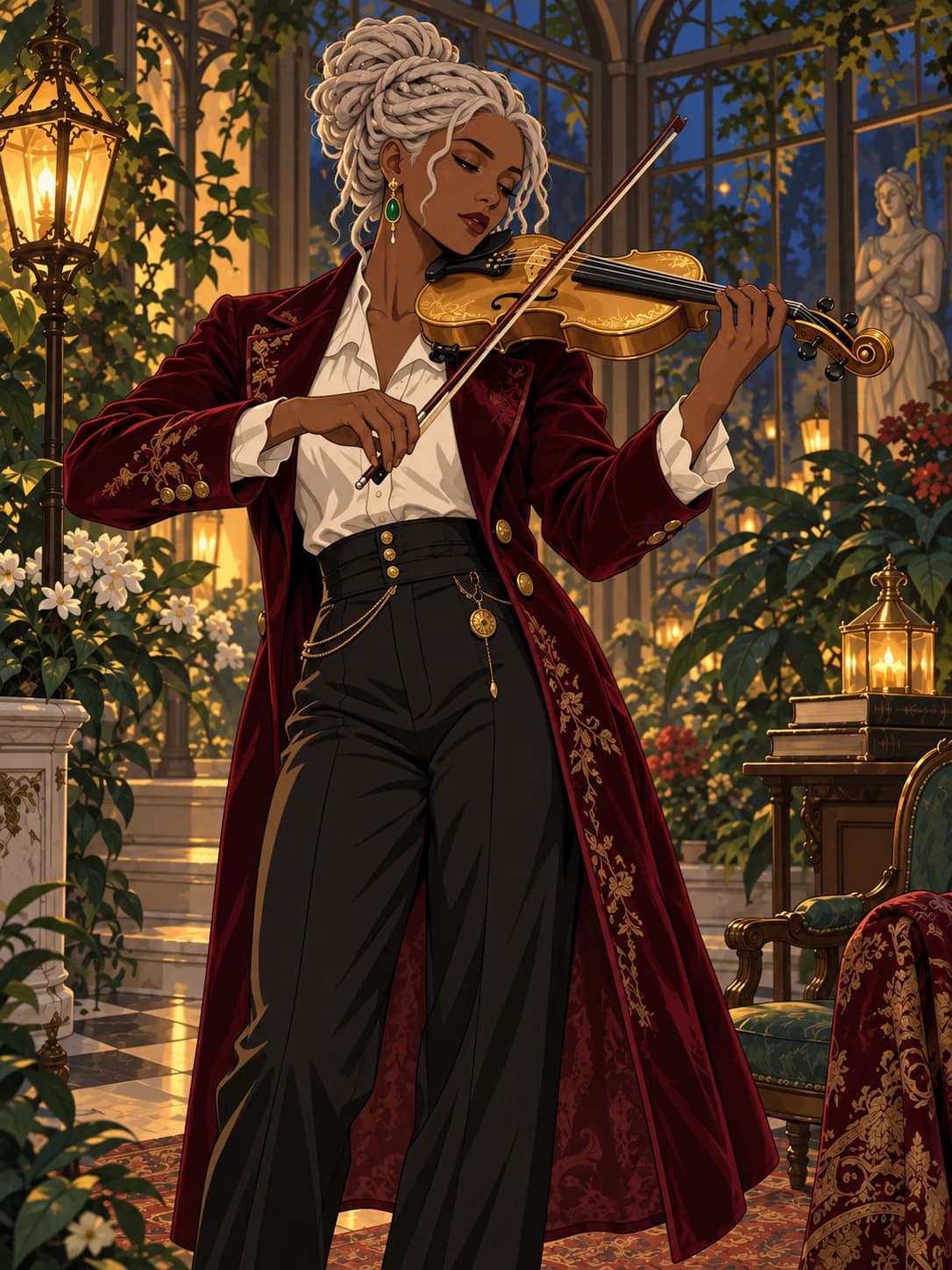 Cel-shaded prepared illustration of the same violinist with silver locs and a golden violin.