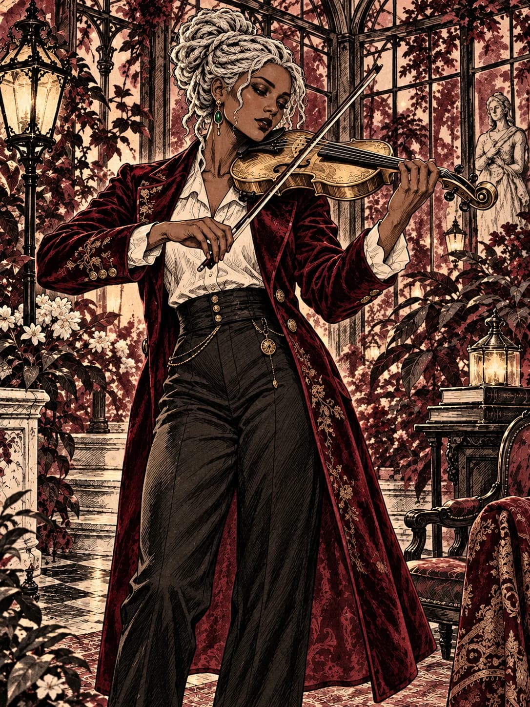 Ink prepared illustration of the same violinist with silver locs and a golden violin.