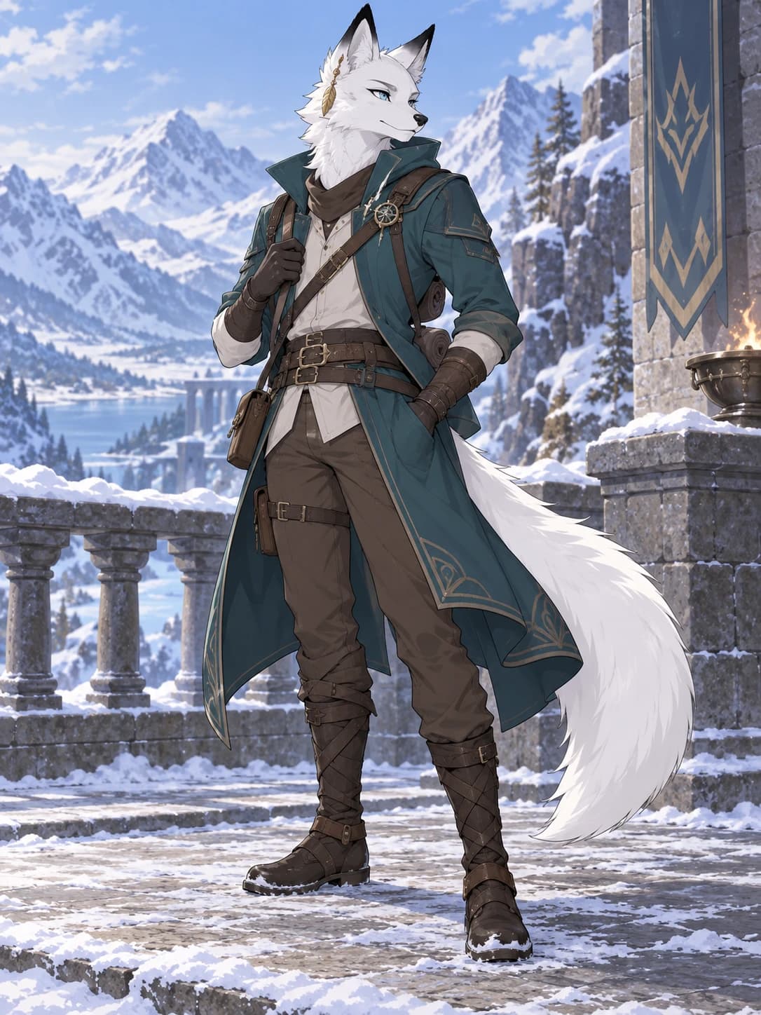 An adult white snow-fox ranger in a teal travel coat.