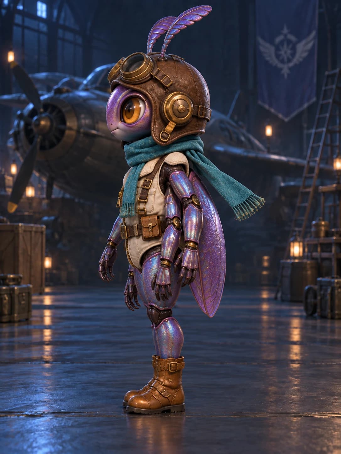 Side identity detail of the same violet beetle pilot.