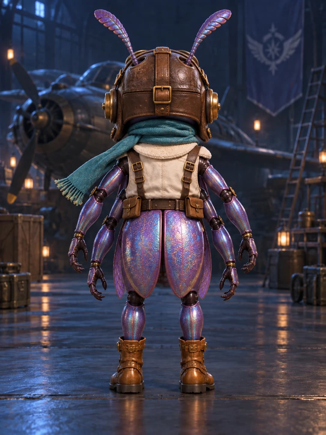 Back identity detail of the same violet beetle pilot.