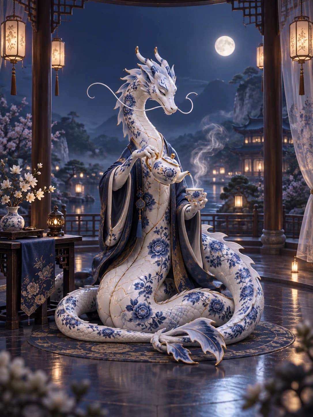 Porcelain dragon · Serene tea master