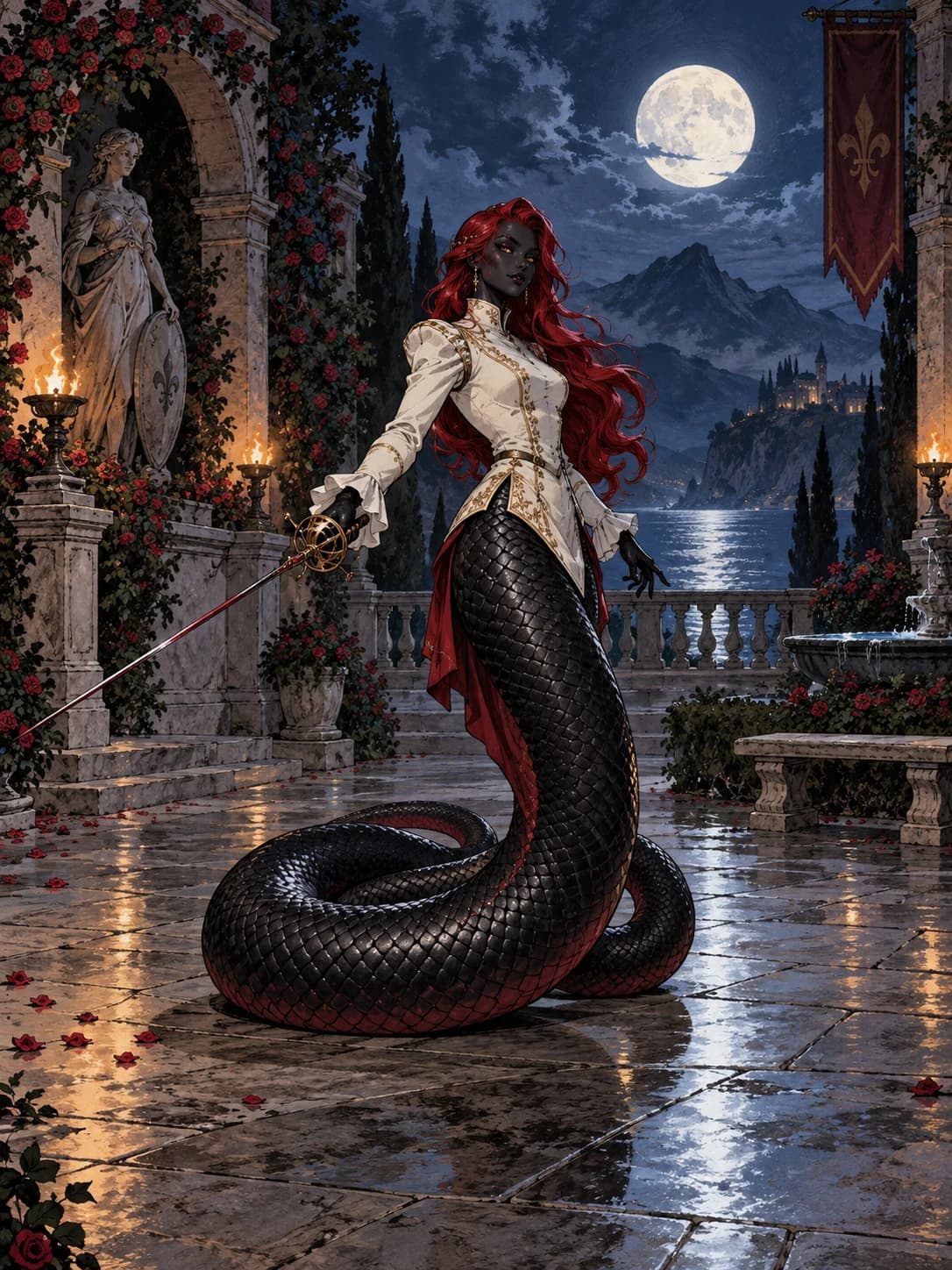 Obsidian serpent woman · Confident fencer