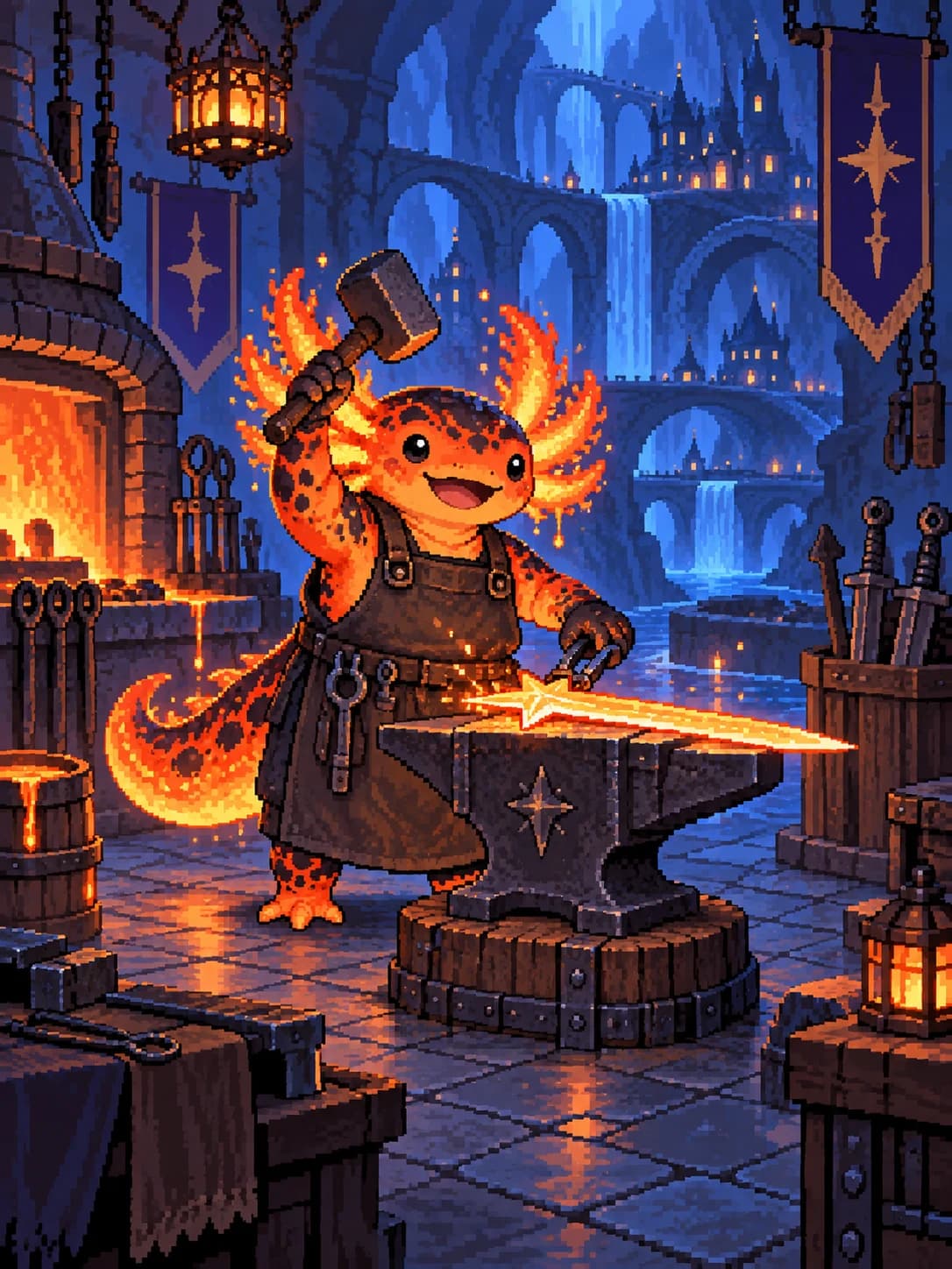 Lava axolotl · Cheerful blacksmith