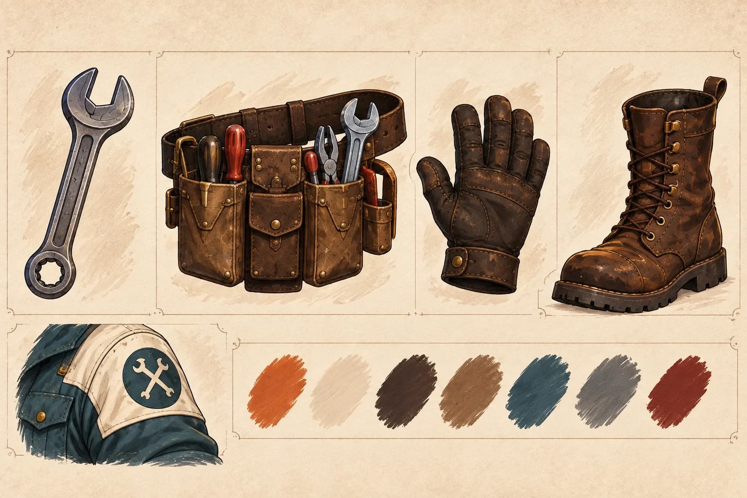 The fox mechanic's tools, clothing details, and color palette
