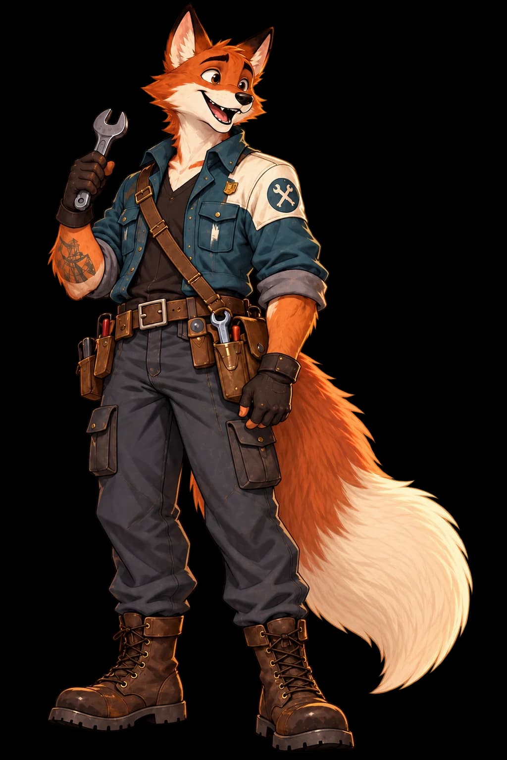 Full-body fox mechanic holding a wrench