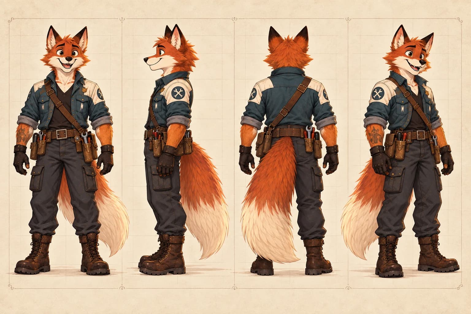Four views of the same fox mechanic character