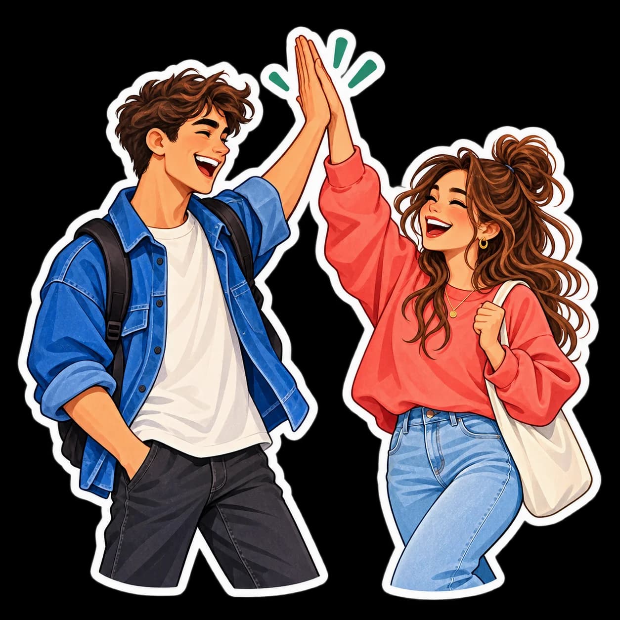 Prepared transparent high-five sticker of two friends with a clean white edge