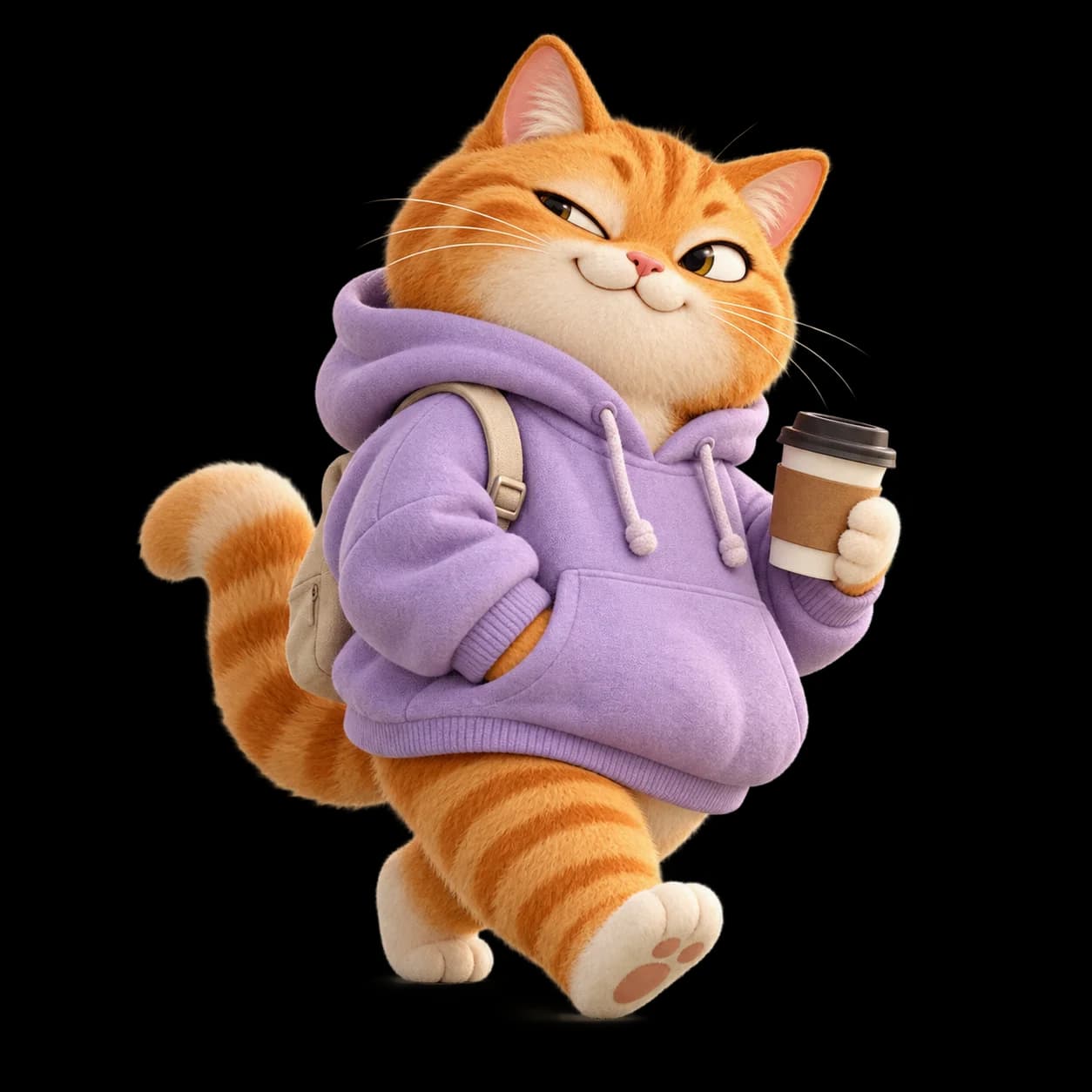 Prepared orange tabby mascot in a lilac hoodie carrying coffee