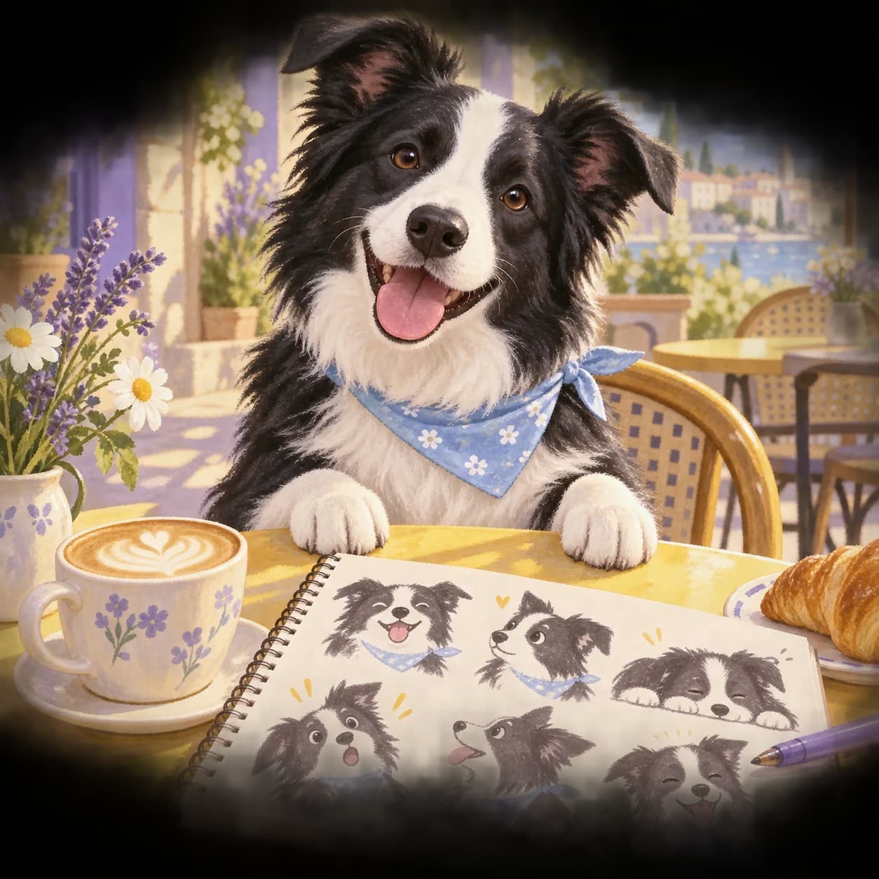 Prepared saved border collie character with a sketchbook of reactions