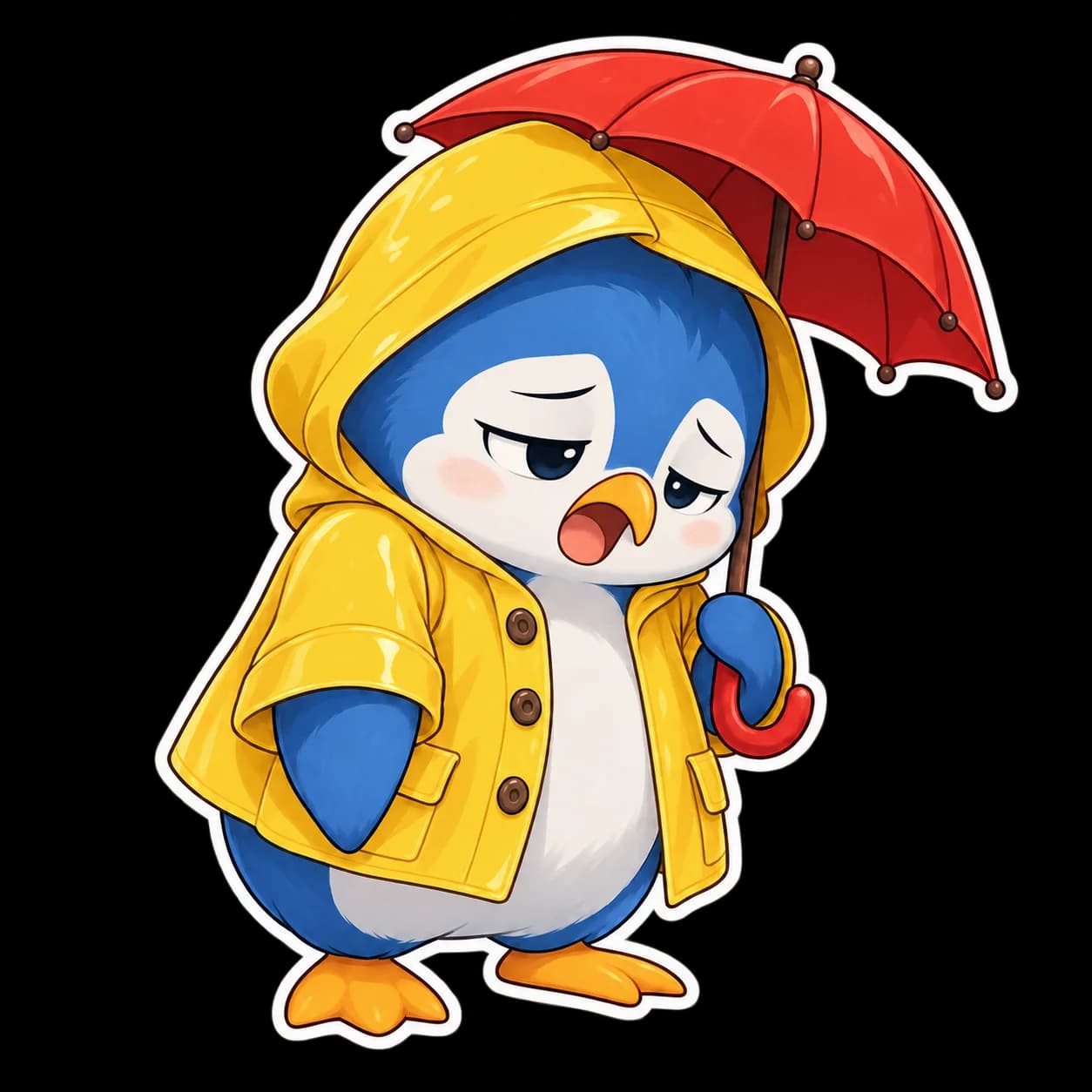 After: the same penguin, raincoat, umbrella and pose with a visibly tired expression.