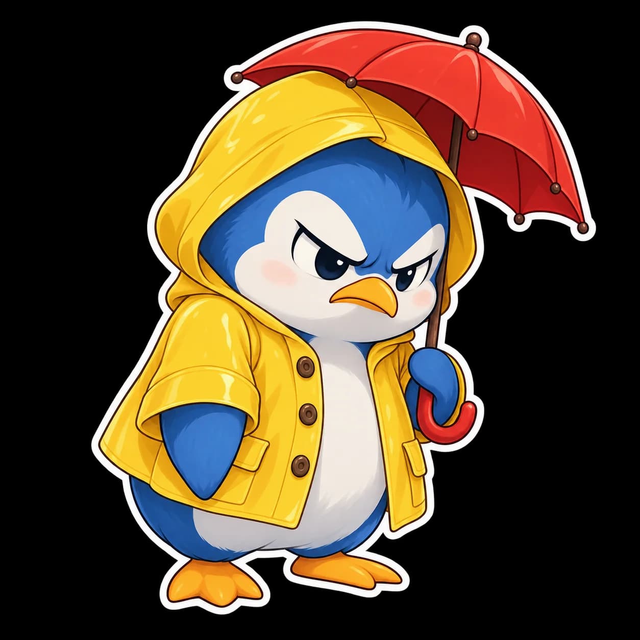 Before: the blue penguin in a yellow raincoat holds a red umbrella with an angry frown.