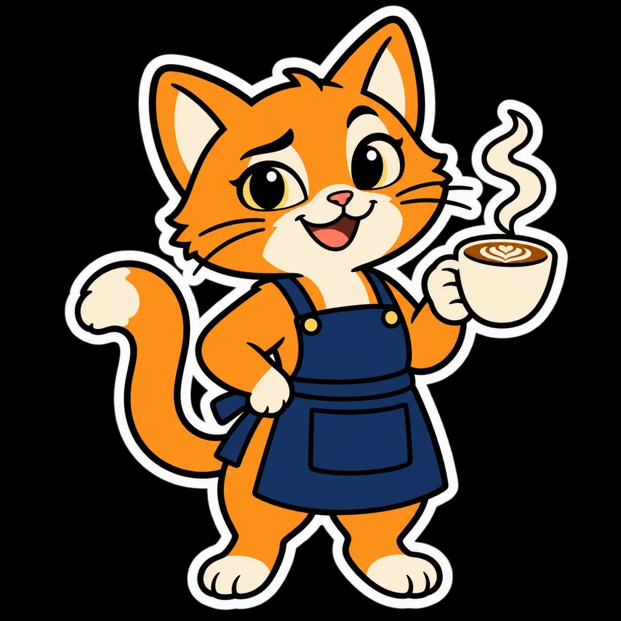 Flat icon prepared treatment of the same orange tabby barista holding coffee.