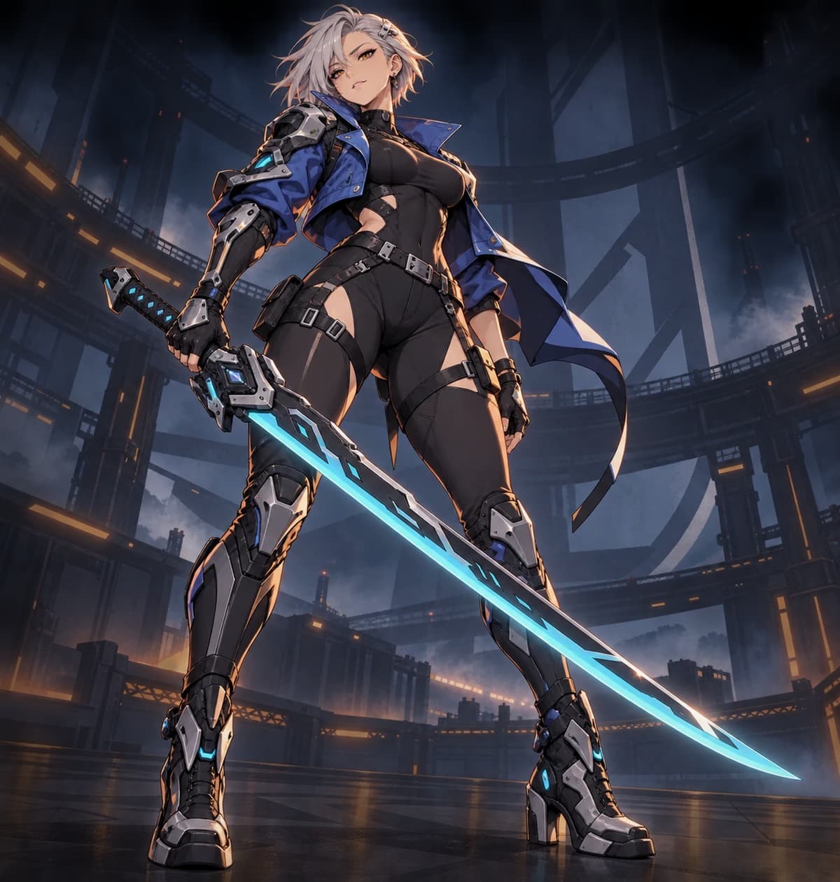A silver-haired anime swordswoman with an energy katana