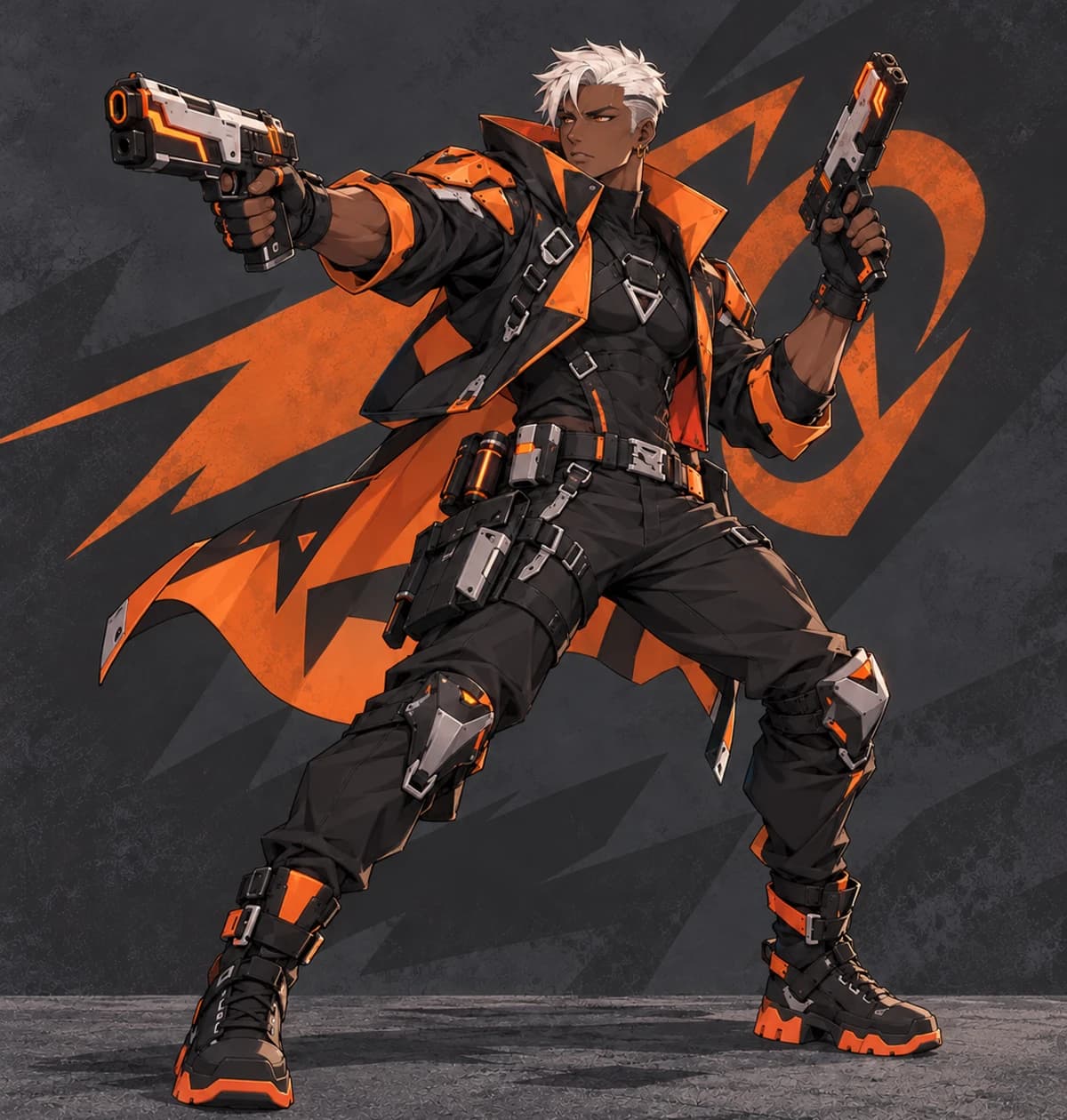 A dark-skinned anime dual gunslinger in an alert stance