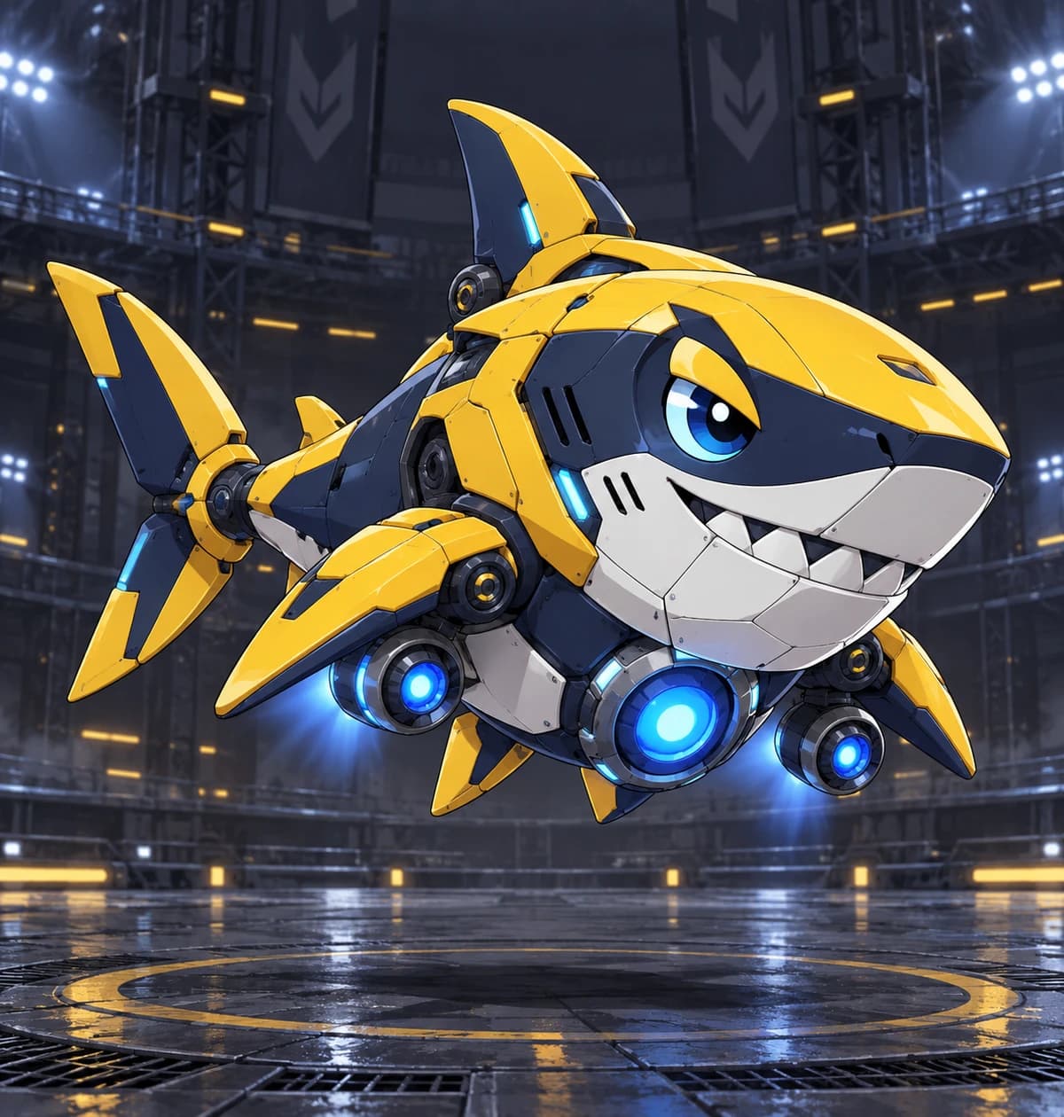 A yellow-armored mechanical shark battle companion