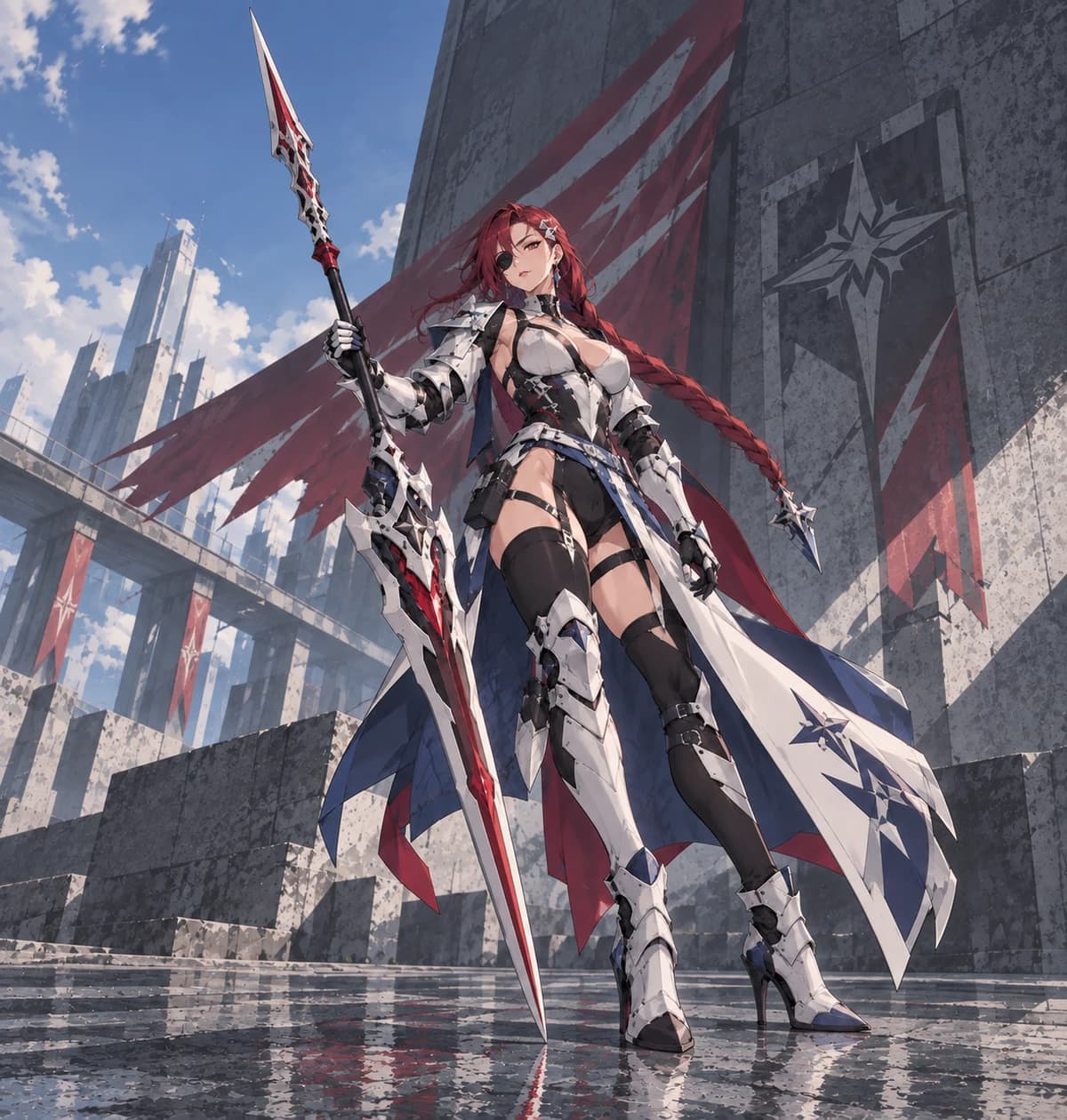A one-eyed anime lancer in a three-quarter reference view