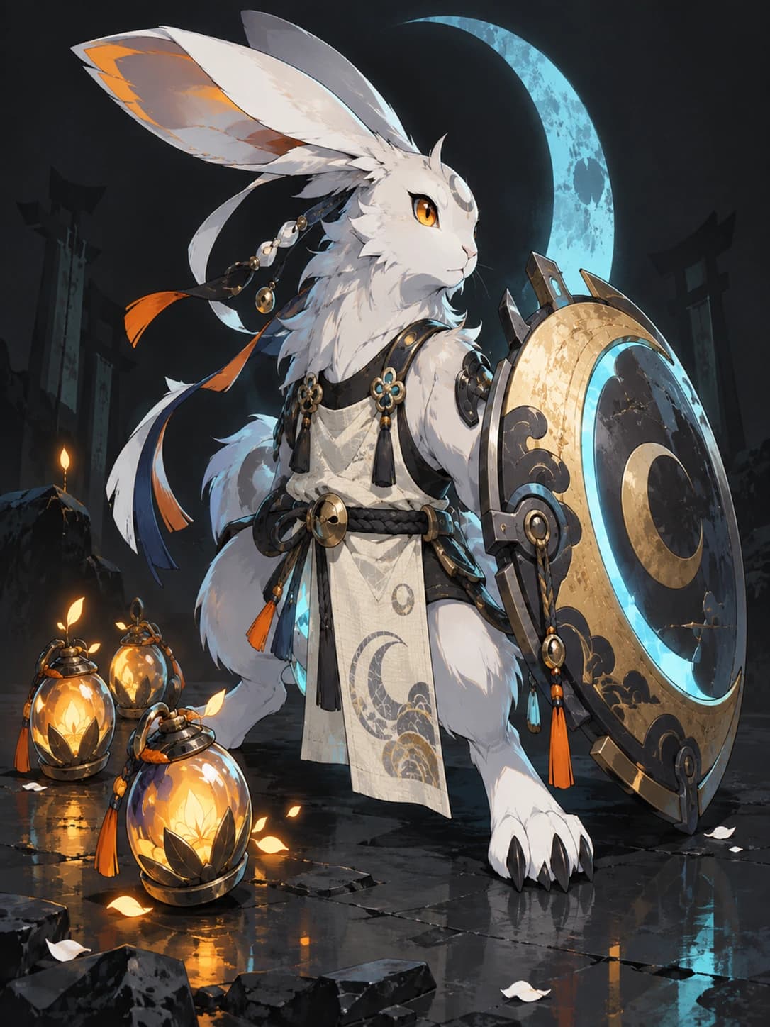 An adult silver moon-rabbit guardian with a crescent shield and luminous seed grenades.